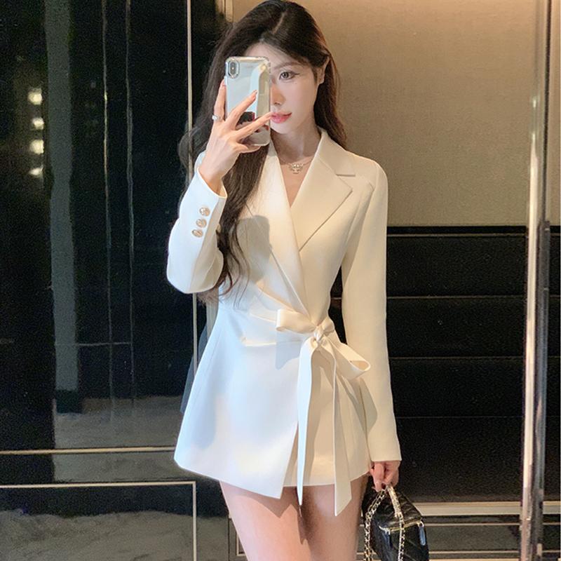 Spring Lace-Up Satin Acetate Blazer Mid-Length Coat for Women with a Unique Design, Petite Waist-Cinching Suit Dress Trendy