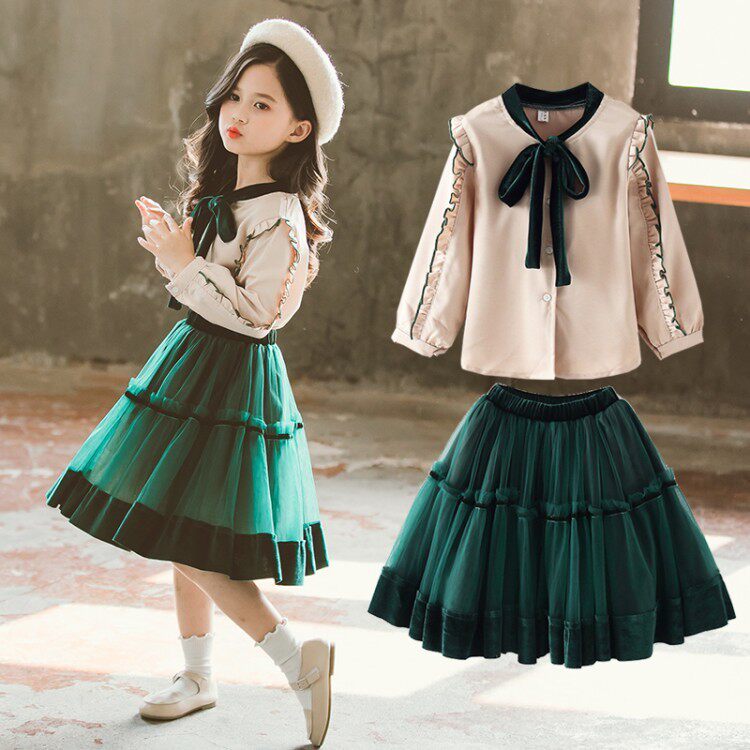 Children's clothing Girl 2021 Spring Festival New Korean version of the trendy CUHK Girl Girl Shirt Yarn Skirt Suit two sets