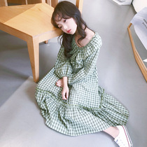 Autumn new avocado green V-neck lace long sleeve plaid girl jumpsuit dress