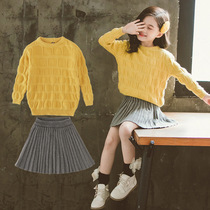 2021 New Girl Spring suit Korean childrens clothing childrens foreign style Plaid knitted sweater skirt two-piece set