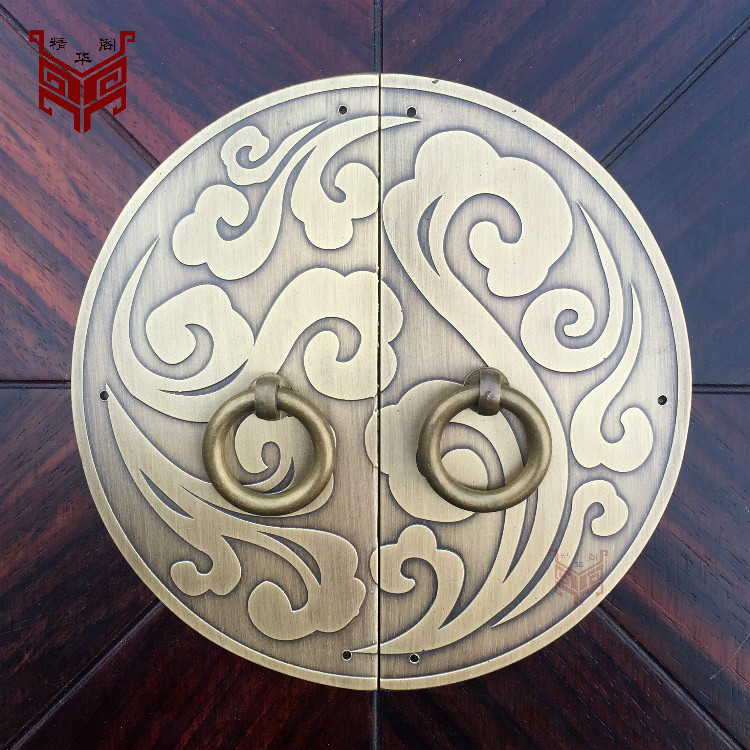 Chinese antique thickened round Chinese pure copper handle wardrobe shoe cabinet door Copper carved moire full copper carved flower Xiangyun handle