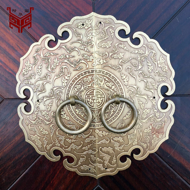 中式柜门纯铜把手衣柜云纹拉手如意圆形拉手复古全铜刻花橱柜拉手