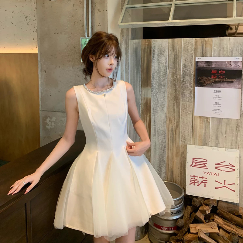 French-Style Elegant Sleeveless Dress for Women, Summer Birthday A-Line Mini Dress with Mesh Patchwork, Princess Puffy Short Skirt French-Style Elegant Sleeveless Dress for Women, Summer Birthday A-Line Mini Dress with Mesh Patchwork, Princess Puffy Short Skirt