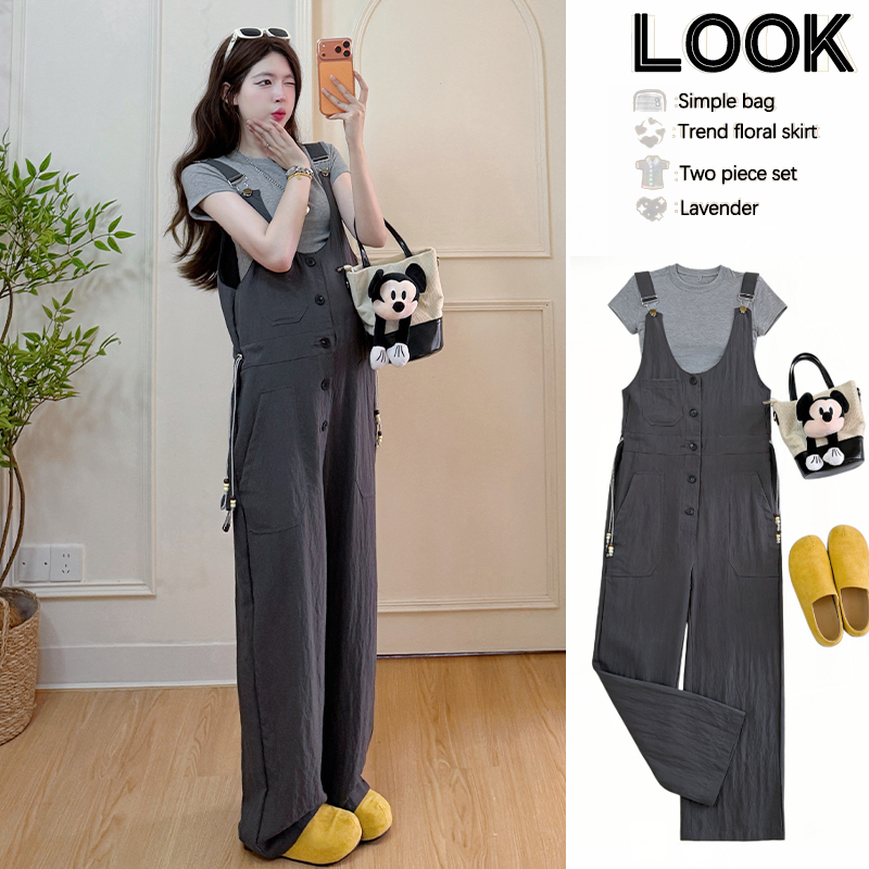 Maternity Salt-Style Sweet and Cool Relaxed Gray Overalls for Women, Summer Thin Super Trendy Workwear Straight Wide-Leg Pants Two-Piece Set