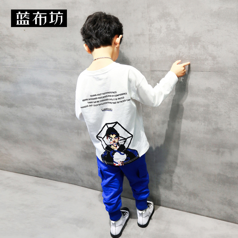 Dài tay áo thun màu xanh vải vuông Boys của trẻ em trên T-shirt 2020 mùa xuân dress New Mid-Size Kids Lên trên Stakes.