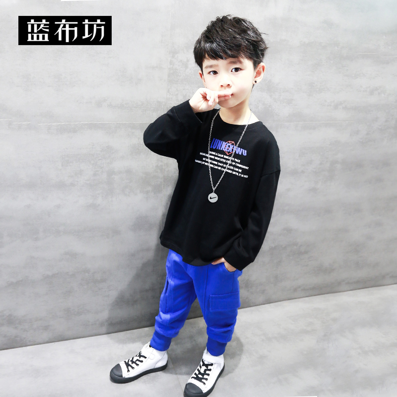 Dài tay áo thun màu xanh vải vuông Boys của trẻ em trên T-shirt 2020 mùa xuân dress New Mid-Size Kids Lên trên Stakes.