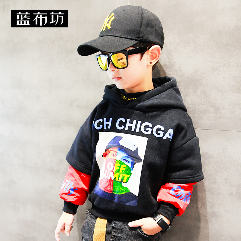 Lanbufang children's clothing boys' fleece sweater autumn and winter clothing 2021 new children's hooded thickened bottoming medium and large children's trend