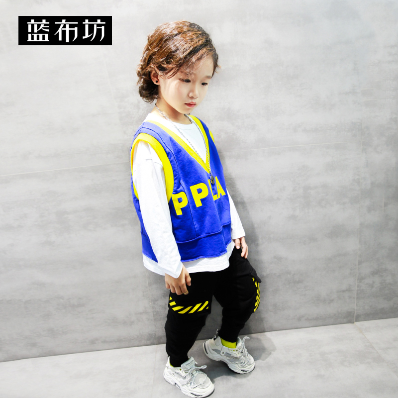 Dài tay áo T-shirt màu xanh vải vuông Boys vest hai mảnh 2020 mùa xuân váy không khí áo khoác đáy Hàn Quốc phiên bản triều.