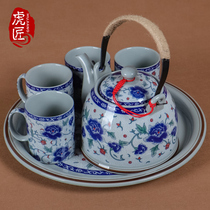 Tiger craftsman blue and white ceramic teapot tea cup set home large with filter Chinese style vintage retro tea set