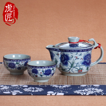 Tiger craftsman blue and white porcelain hand grab pot large Bowl small bubble teapot ceramic tea bowl Jingdezhen kung fu tea set