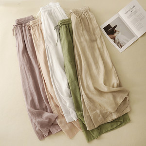 Chinese Style Double-Layer Ramie Wide-Leg Pants for Women, Summer Elastic Waist Loose Tie Casual Flowy Skirt Pants Straight-Leg Trousers