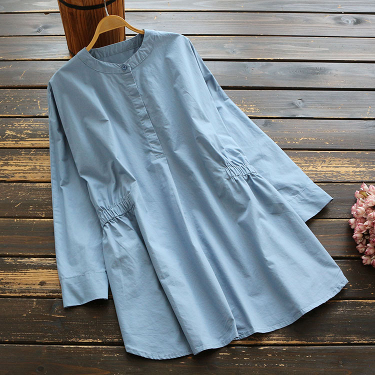 Foreign Trade Brand Export Discount Women's Clothing Design Pleated Waist-Cinching Shirt Mid-Length Casual Elegant Long-Sleeved Top