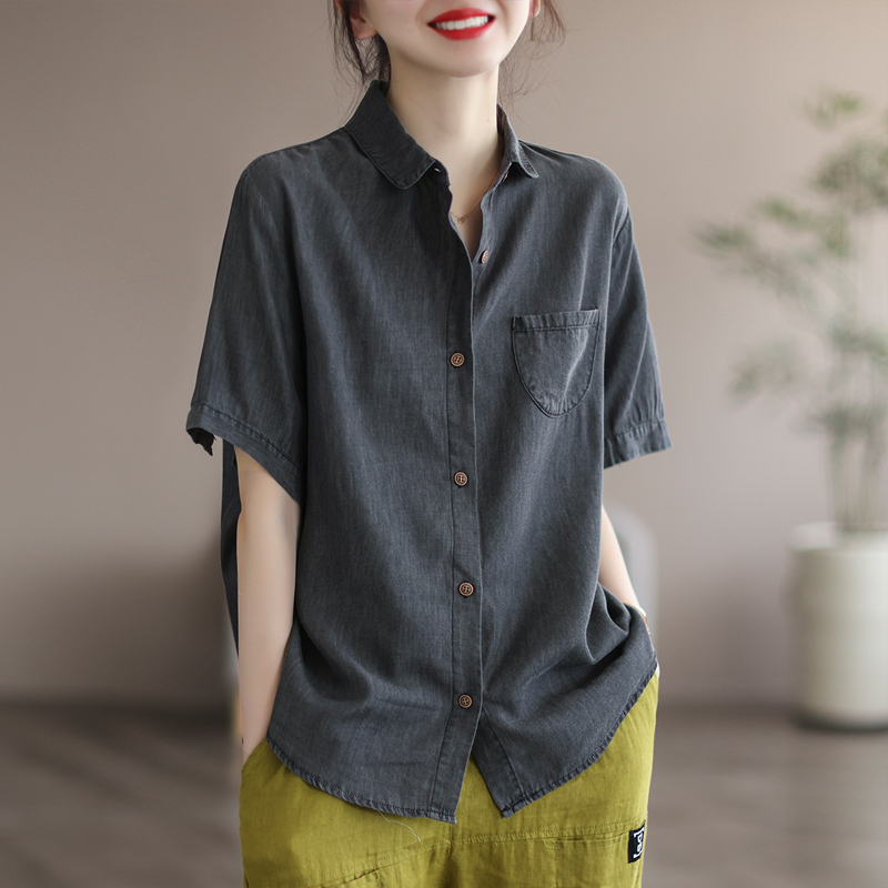 Japanese High-End Export Japanese Retro Tencel Denim Shirt for Women, Summer Loose Thin Casual Short-Sleeved Top