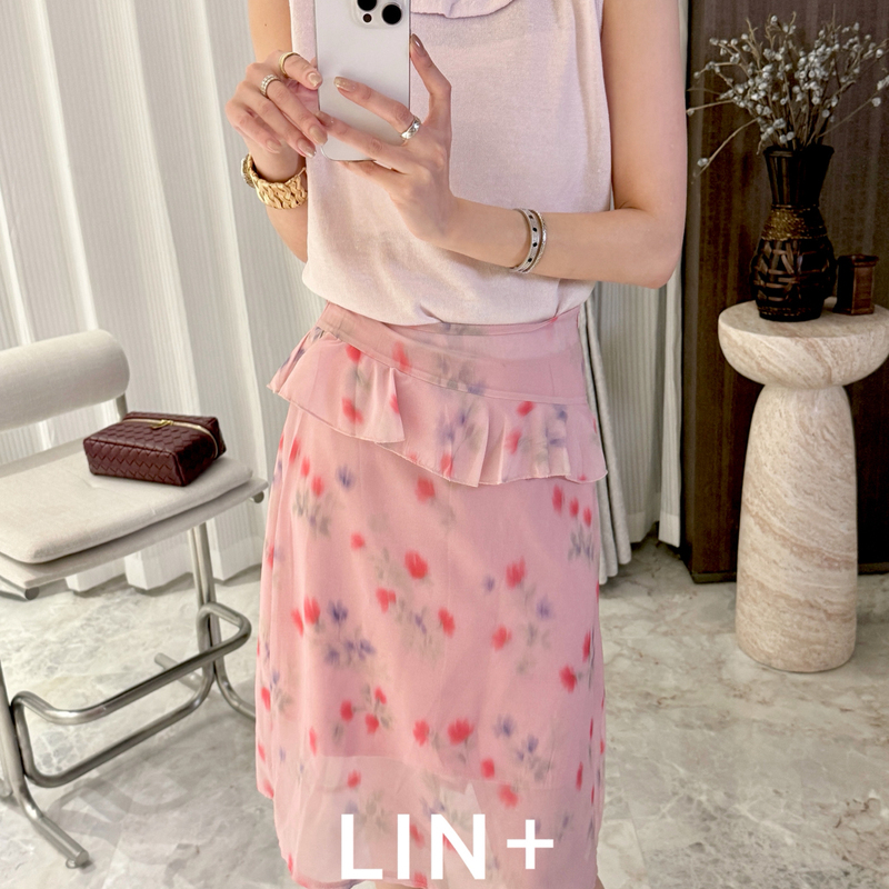 Lin+ - Retro Ruffled Chiffon Irregular Romantic Floral Skirt (Two Colors Available) Wr392