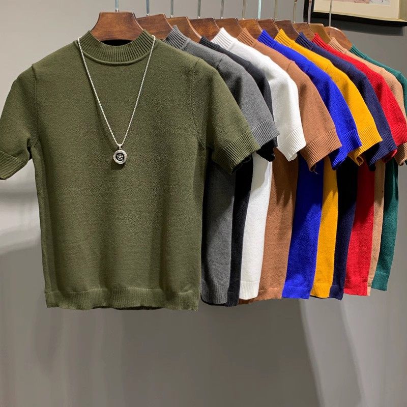 เสื้อไหมพรมคอเต่าครึ่งตัวแขนสั้นสไตล์เกาหลี ทรงสลิมฟิต สีพื้น เสื้อยืดแขนสั้น แบบสวมใส่พอดีตัว คอครึ่ง ชั้นในเสื้อถัก