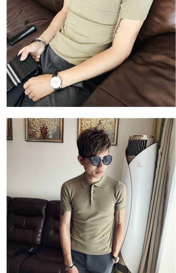 Mùa hè Hàn Quốc Slim Nam Áo len ngắn tay Áo sơ mi POLO của Anh Áo thun nam cao cổ cơ sở Áo thun mỏng áo poloman