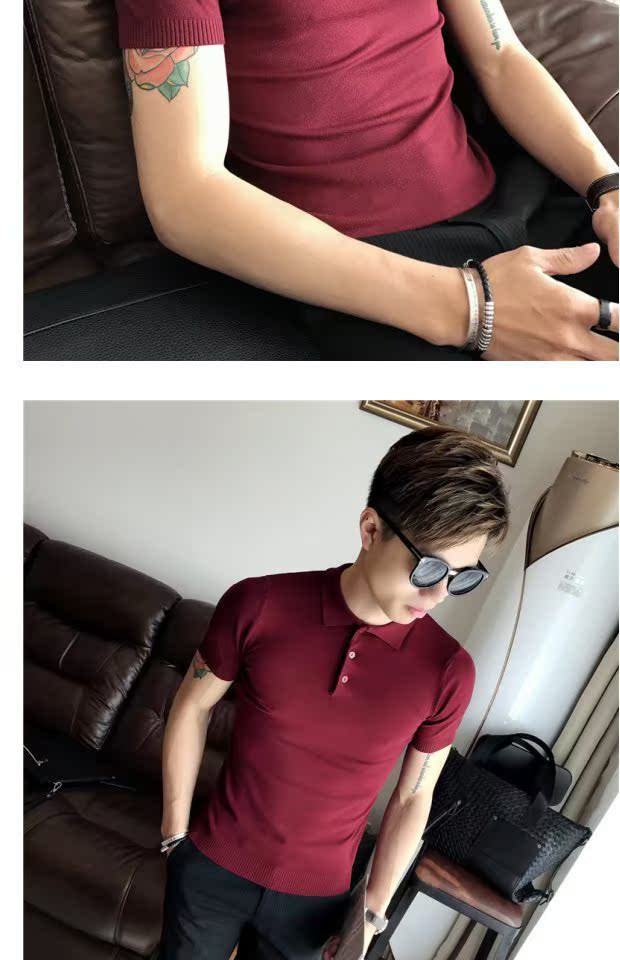 Mùa hè Hàn Quốc Slim Nam Áo len ngắn tay Áo sơ mi POLO của Anh Áo thun nam cao cổ cơ sở Áo thun mỏng áo poloman