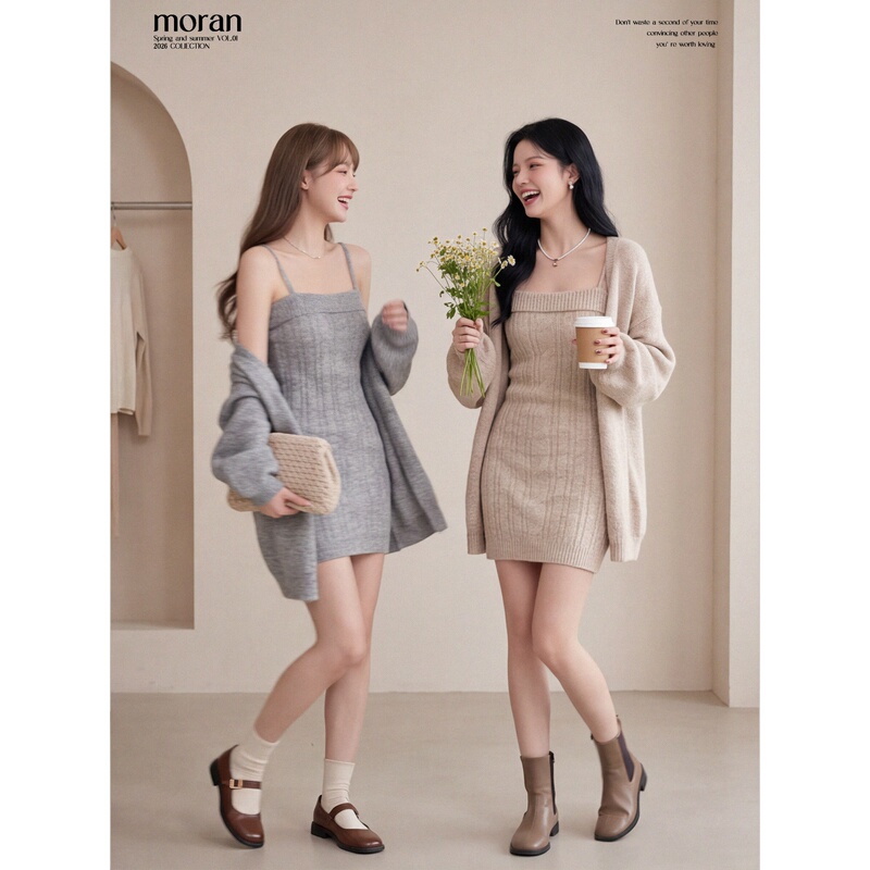 Gentle Trap Autumn/Winter Lazy Style Twisted Knit Camisole Dress Chunky Knit Sweater Cardigan Two-Piece Set for Women Gentle Trap Autumn/Winter Lazy Style Twisted Knit Camisole Dress Chunky Knit Sweater Cardigan Two-Piece Set for Women