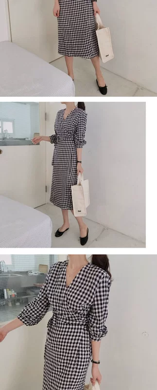 2018 mùa hè mới kẻ sọc bow tie đầm phần dài V-cổ eo giảm béo khí bảy điểm tay áo