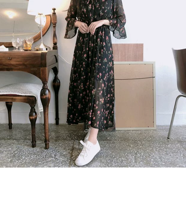 Mùa hè 2018 mới gió retro nhẹ nhàng phiên bản Hàn Quốc của loa đầm voan hoa 7 điểm ở phần dài của eo