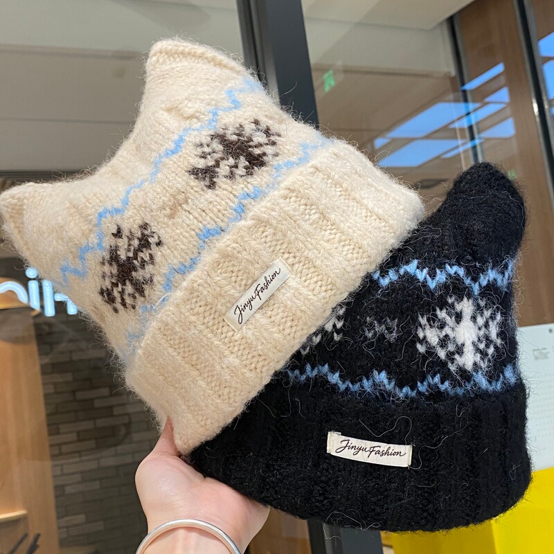 Fair Isle Style Snowflake Cat Ear Knitted Wool Hat for Women, New Autumn and Winter Warm Ear-Protecting Beanie, Versatile Cold Weather Hat