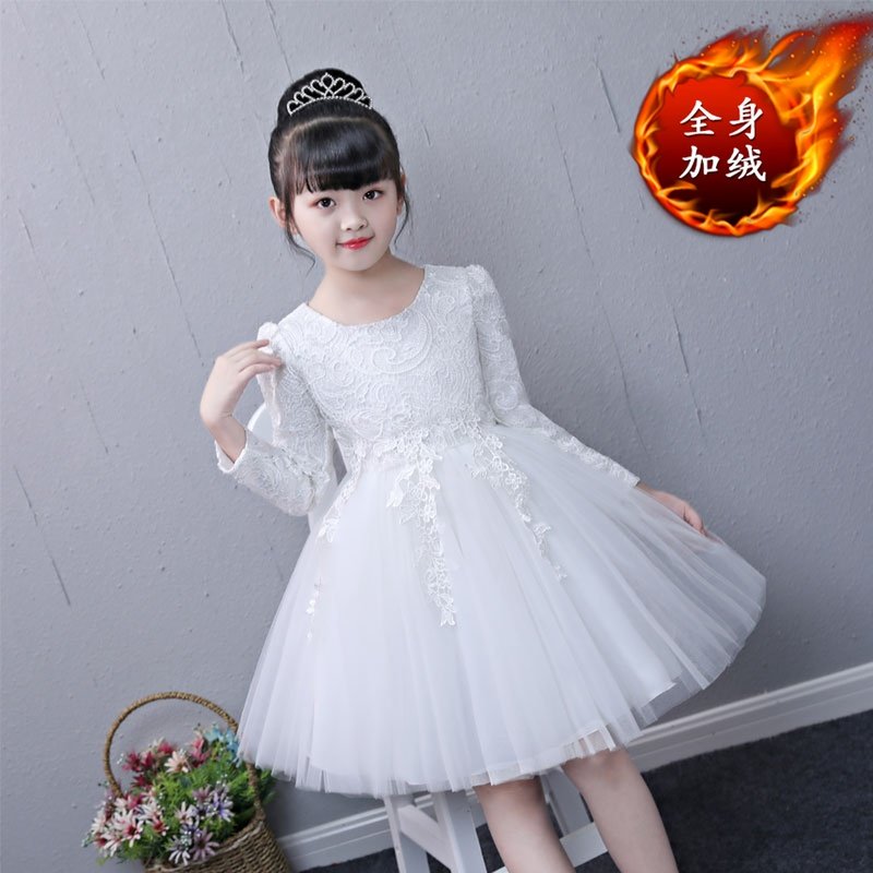 Child Wedding Dress Gown Little Girl Spring Autumn Long Sleeve Glint Princess Nepotism Dress Piano for Flowers Child Fluffy Dress