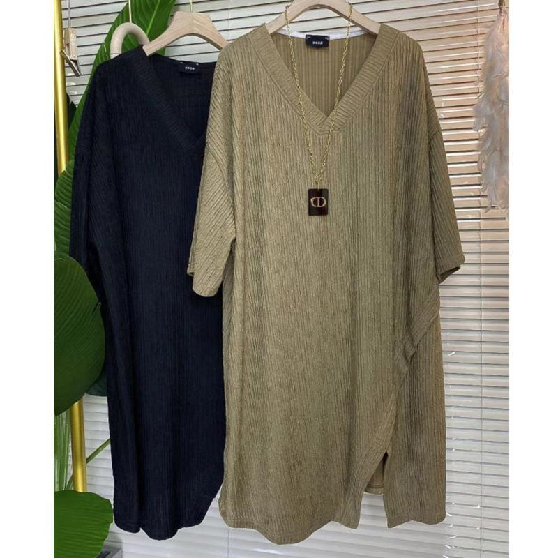 150kg Extra Large Size Thin Loose V-Neck Asymmetrical Slit Mid-Length Over-The-Hip Body-Covering Short-Sleeve Top for Women
