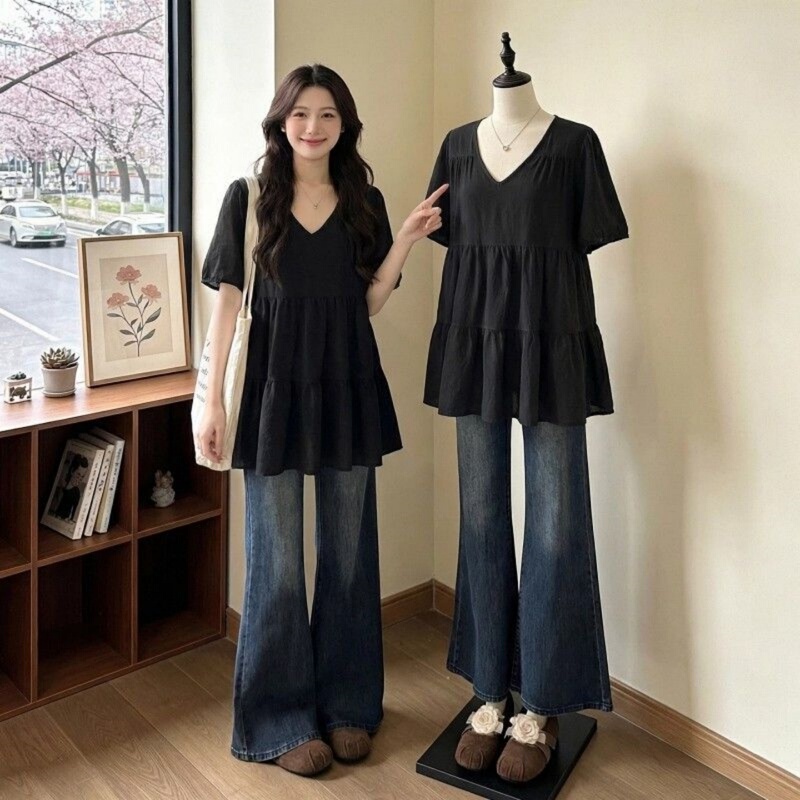 1.0-150kg Casual Chic Patchwork V-Neck Short Sleeve T-Shirt for Plus Size Women, Loose Fit, Tummy Concealing, Slimming Effect, Extra Large Size Top 1.0-150kg Casual Chic Patchwork V-Neck Short Sleeve T-Shirt for Plus Size Women, Loose Fit, Tummy Concealing, Slimming Effect, Extra Large Size Top