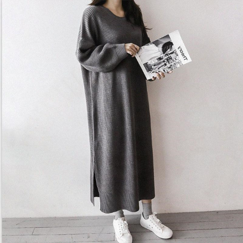 Autumn Winter New Loose 240 Large size size 300 Jin Long version sweater dress Lazy Wind Casual Open Fork Knit Foreign Dress