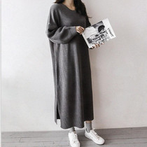 Autumn Winter New Loose 240 Great Code 300 catty of plus-size sweater dresses Lazy Wind Casual Open Fork Knit Dress