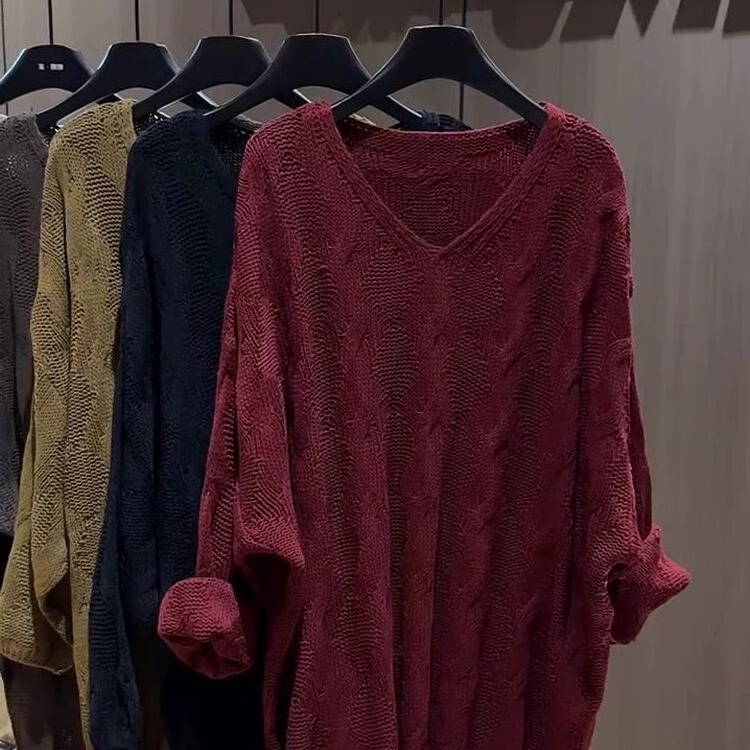 Autumn and Winter Hong Kong Style Age-Reducing Mid-Length Sweater for Plus-Size Women 1.0-150kg Oversized Pullover V-Neck Women's Knitted Sweater Trendy Autumn and Winter Hong Kong Style Age-Reducing Mid-Length Sweater for Plus-Size Women 1.0-150kg Oversized Pullover V-Neck Women's Knitted Sweater Trendy