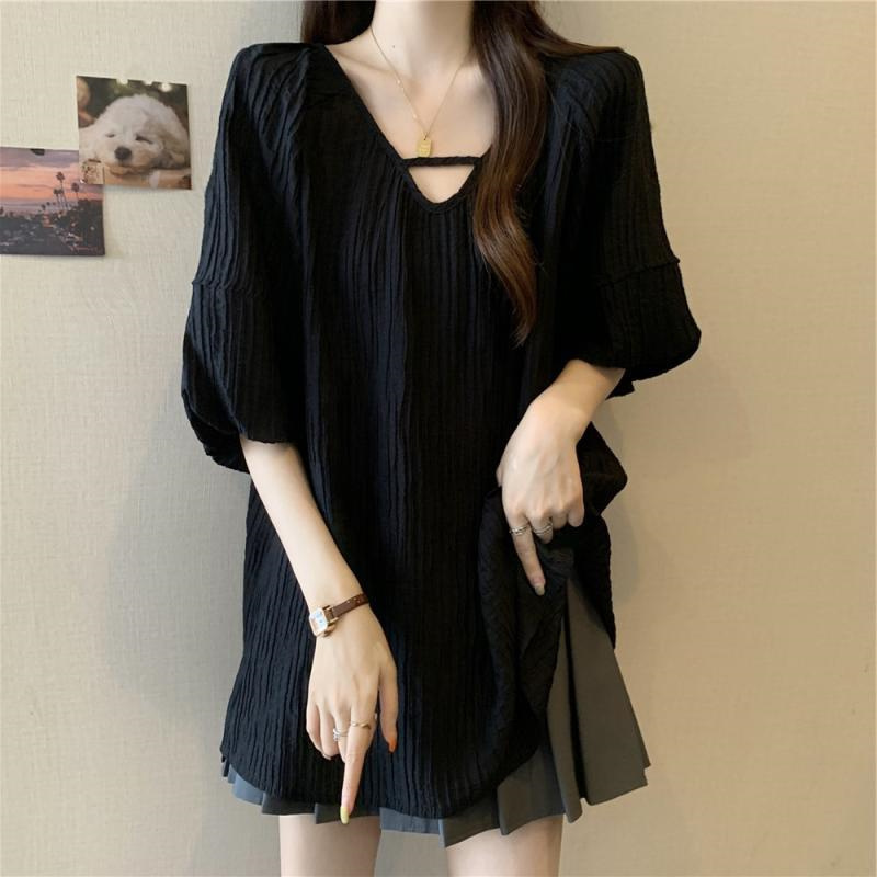 French-Style Gentle and Elegant Solid Color Fashionable Plus-Size Women's Top with Regular Shoulders, 150kg Extra-Large Summer Mid-Length Women's Top