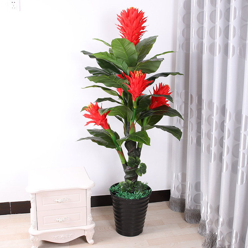 Simulation Hongyun When the head plant livingroom Furnishing Green Planting Ground Fake Flowers Interior Decoration Potted Bonsai Plastic Fake Flowers