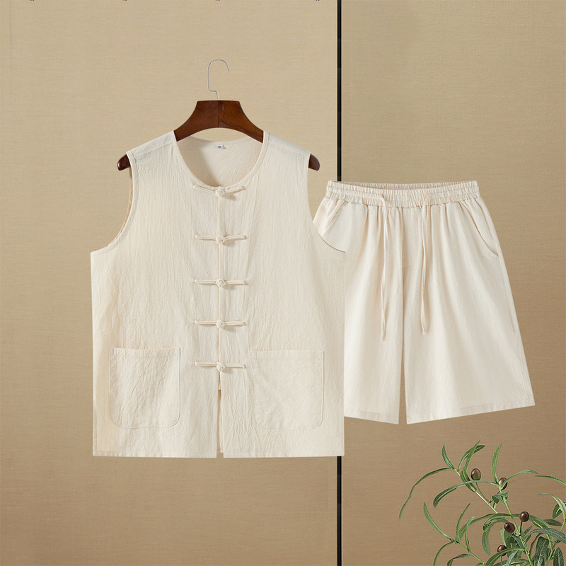 Chinese-Style Cotton and Linen Tang Suit Vest Set, Undershirt, Sleeveless Summer Thin Vest, Linen Button-Up Vest for Elderly Men