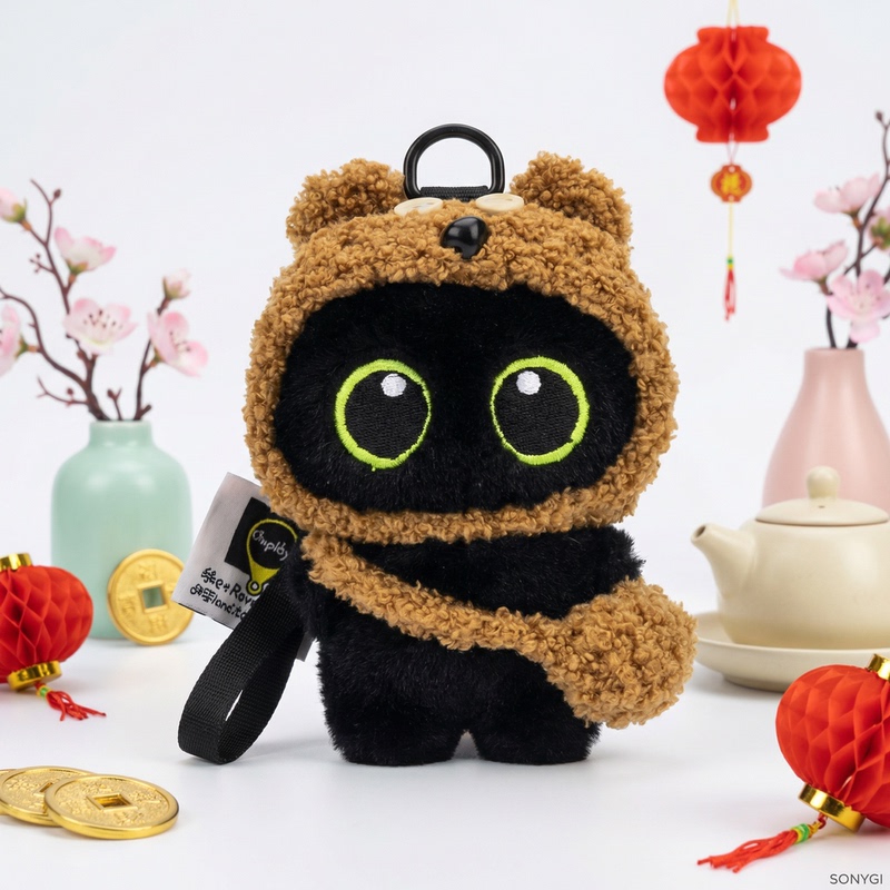 Japanese Songyi Genuine Brown Bear Big-Eyed Black Cat Bag Pendant Plush Toy Keychain Birthday Gift for Women