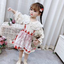 66 Princess with the same 2020 spring girls lace stitching plaid strap dress Infant Korean version of the wild skirt