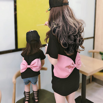 66 Princess parent-child dress summer Korean version of the foreign style 2020 mother and daughter back bow short-sleeved black cotton T-shirt dress