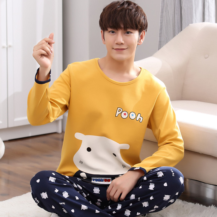 Mùa xuân và mùa thu mens đồ ngủ dài sleevecotton bông phim hoạt hình người đàn ông mỏng dễ thương tuổi teen mùa thu mens nhà phù hợp.