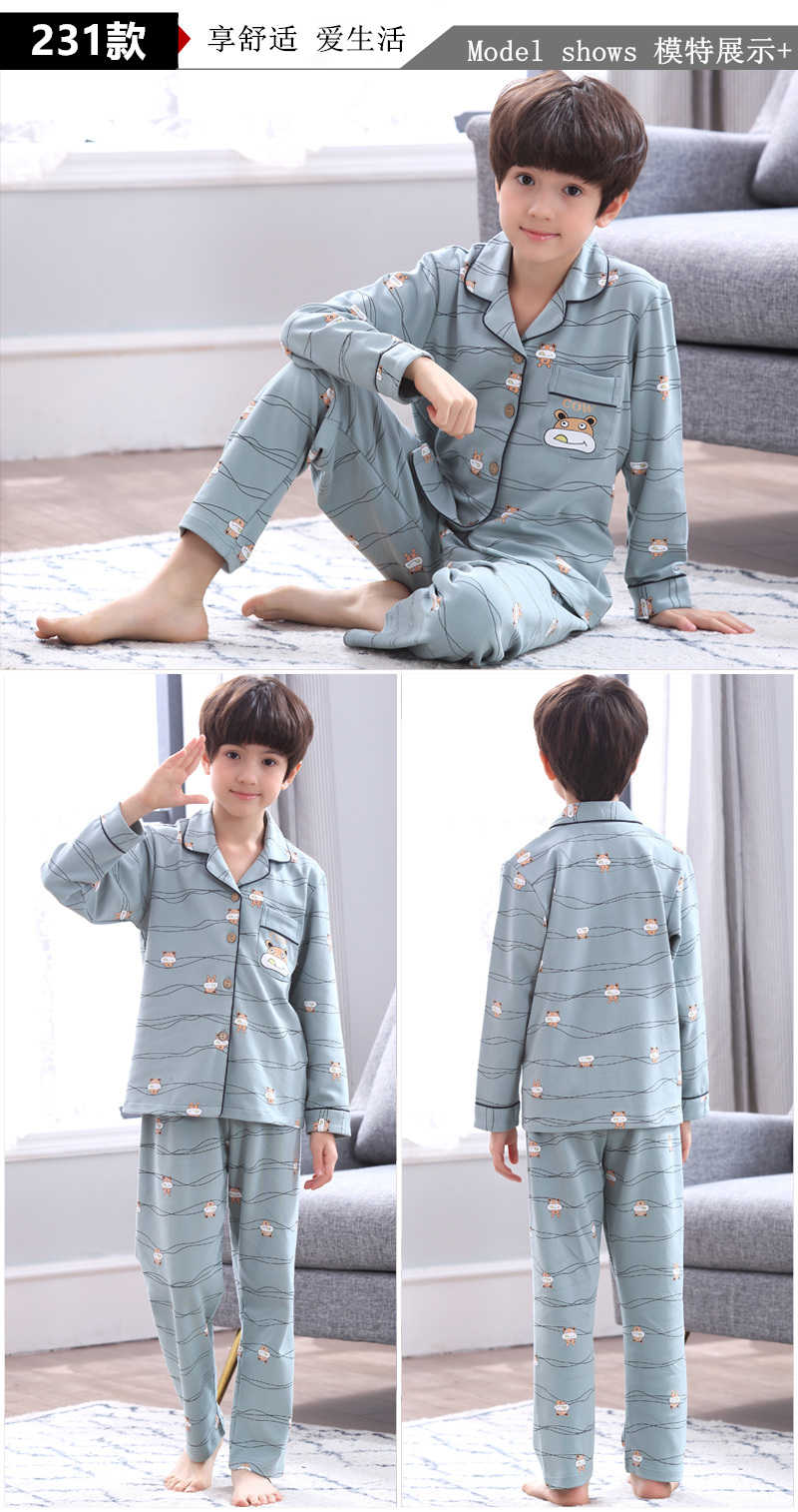 Bộ đồ ngủ bé trai 9 béo bé trai lớn 11-13 tuổi quần cotton mùa thu và mùa đông mẫu cotton dài tay hoạt hình bé trai đồ lót nam