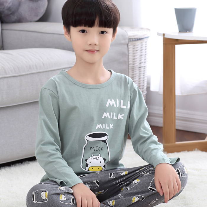 Chàng trai Pyjama 11-13-15 tuổi mùa hè dài tay bộ mỏng bông cotton vừa cậu bé bé trai mùa thu.