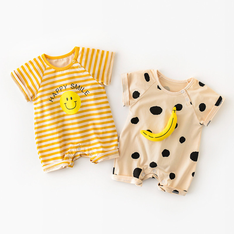 Baby short sleeves hyphens Korean version summer clothing baby thin and cute cartoon smiley face khab baby out climbing clothes