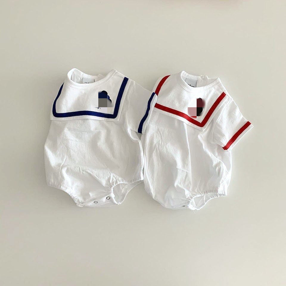INS summer new male and female baby cartoon pattern romper baby navy short-sleeved triangle bag fart romper