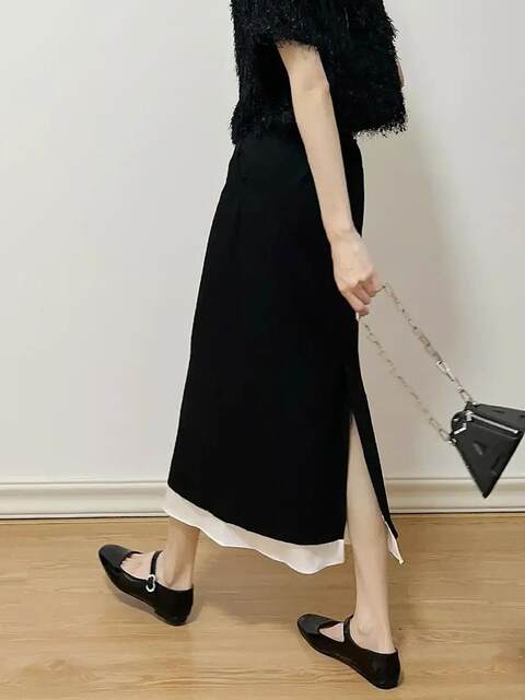 Brand counter high-end women's clothing foreign trade is too high-end and versatile. High-waisted slit design black and white contrasting skirt summer