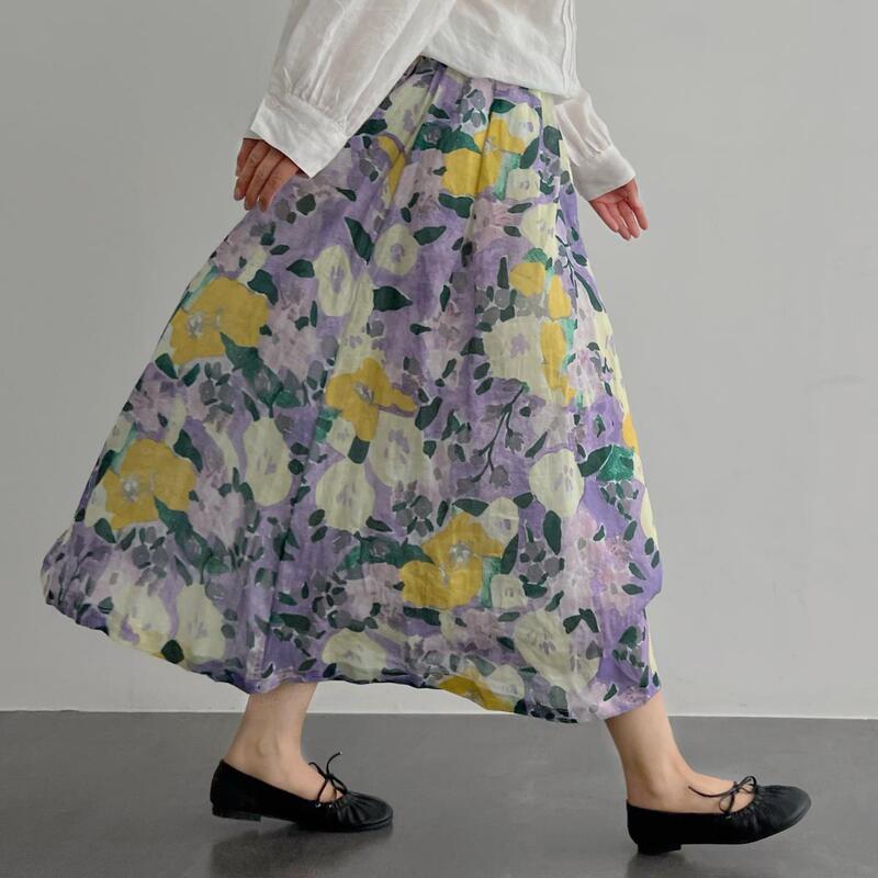 Recommended! so Comfortable to Wear, Hides Fat and Looks Slimming~ Custom-Dyed Watercolor Fine-Spun Ramie A-Line Midi Skirt