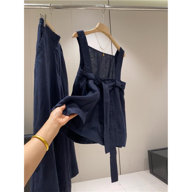 Recommended! It's Really Easy to Wear~ Linen Rain Dew Fabric Craft White-Enhancing Camisole + Wide-Leg Casual Pants Set