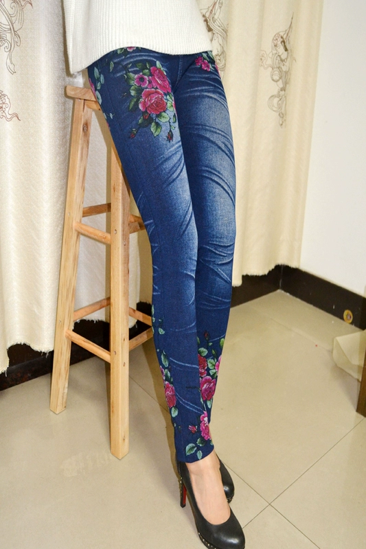 2019 nữ mới thu đông và phần mỏng giả denim in quần legging cạp cao cạp cao bó sát bó chân mặc quần - Khởi động cắt