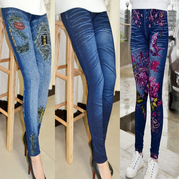 2019 nữ mới thu đông và phần mỏng giả denim in quần legging cạp cao cạp cao bó sát bó chân mặc quần - Khởi động cắt