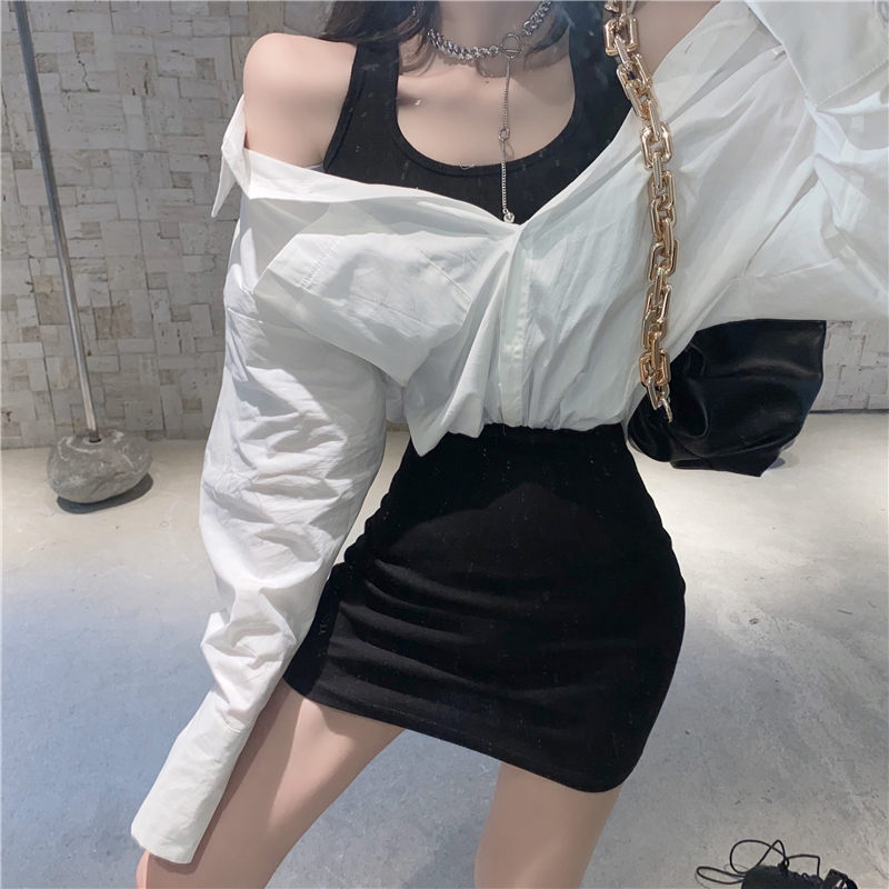 Real shot real price ~ autumn careful machine show thin off shoulder fake two fashionable sexy slim white shirt vest dress