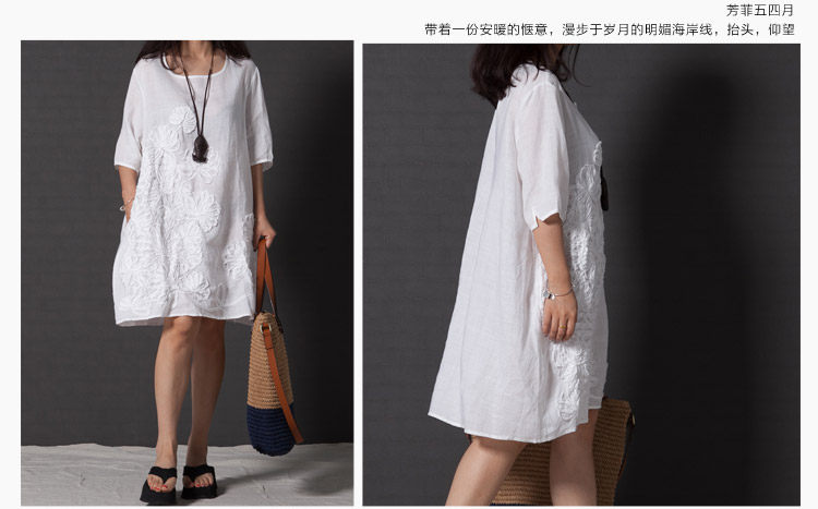 2022新款连衣裙大码女装文艺范小清新宽松绣花短袖棉麻连衣裙详情73
