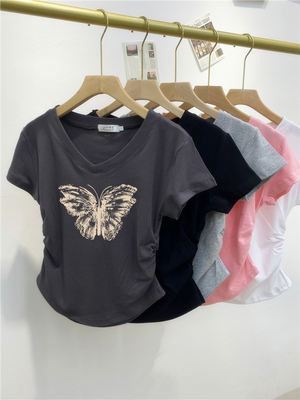 American butterfly pattern top, slimming and form-fitting V-neck T-shirt for women 2026 summer new collection, unique and chic, short style for hot girls